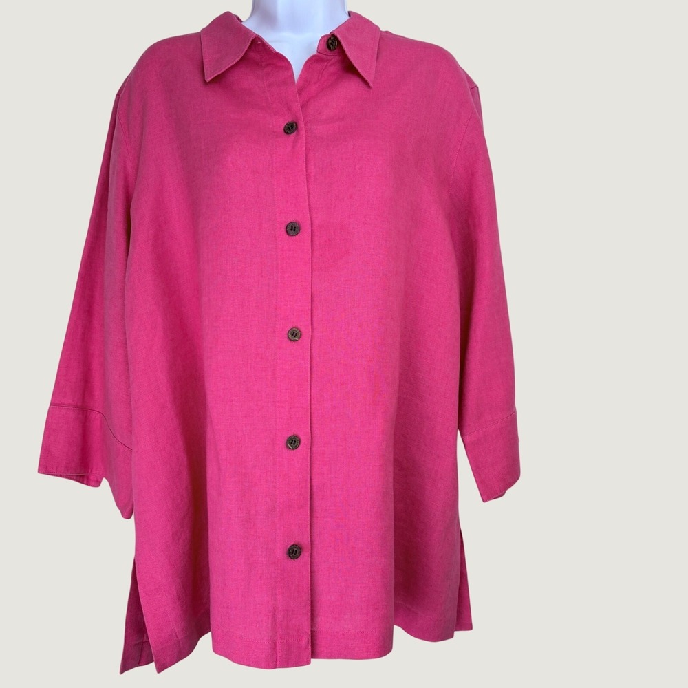 Chico's Women XL Button Down Shirt Pink 100% Linen 3/4 Sleeve Tunic Relaxed